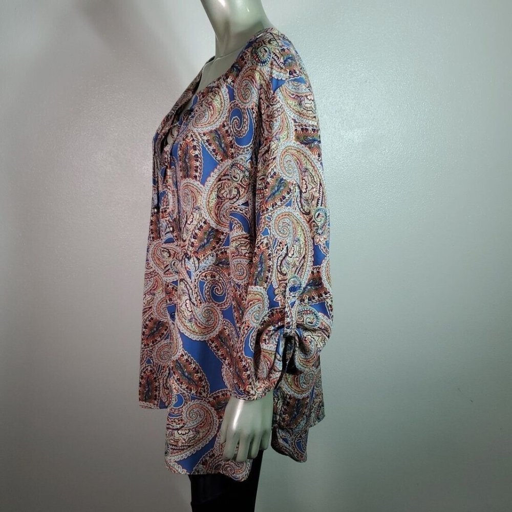 Faded Glory Top Plus Size 3X 22/24W Paisley Lace Up Tab Sleeve Lightweight Blue - Picture 3 of 5